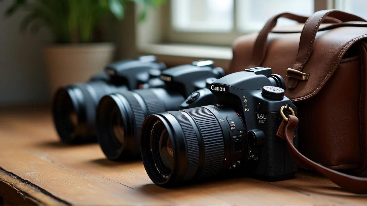 A collection of DSLR cameras next to a leather bag on a wooden table.