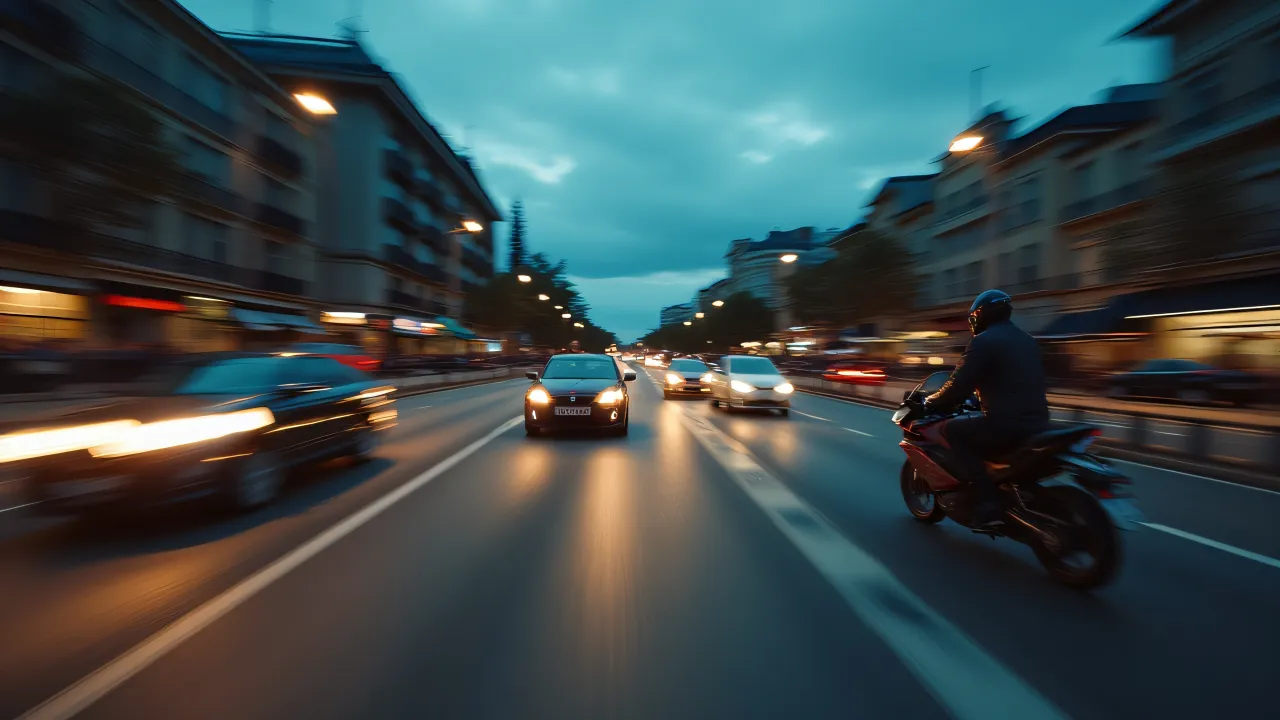 Low-angle motion blur capturing cars and motorcycle on a city street at dusk.