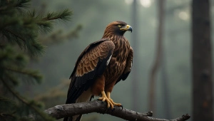 Eagle Perched On Pine Branch In Forest Setting