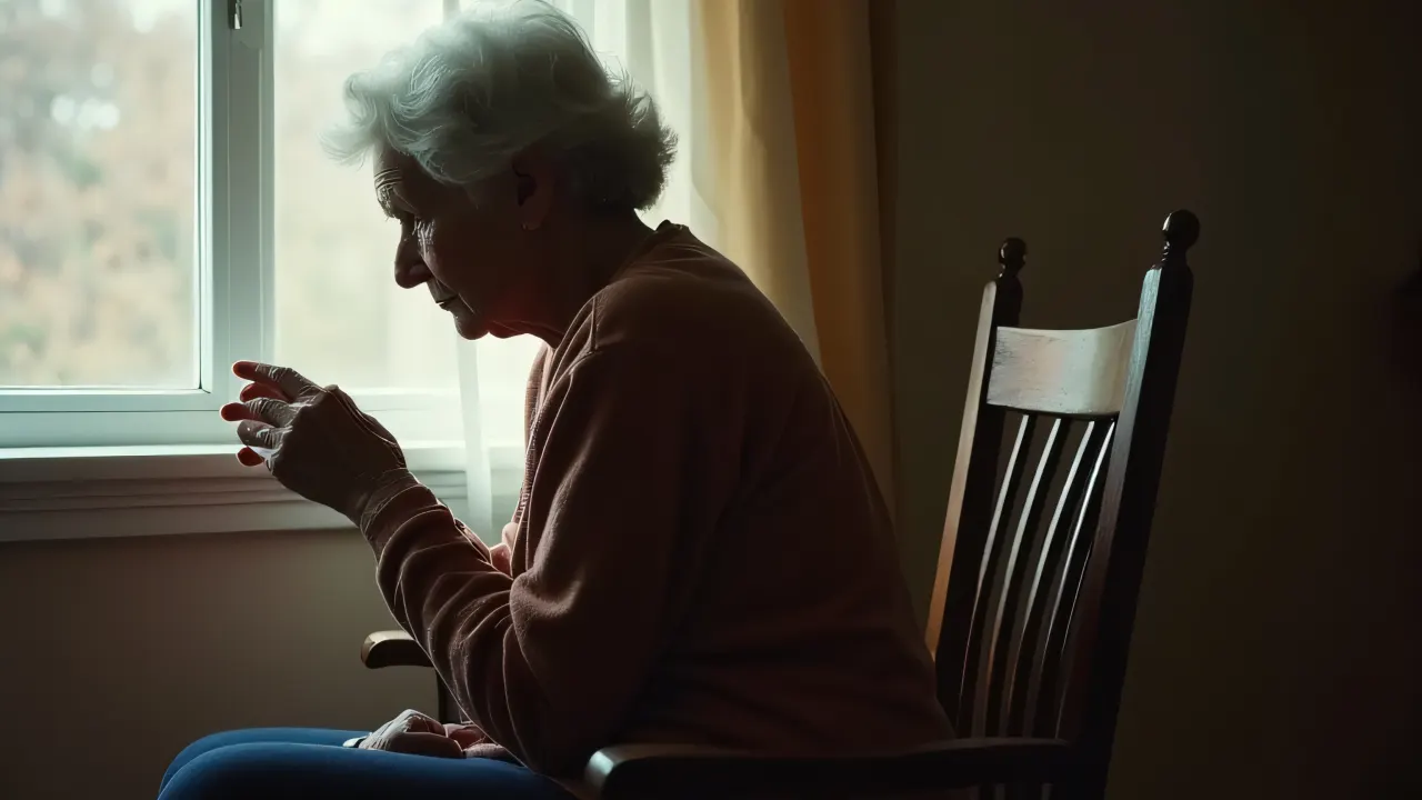 An elderly woman gently touching her fingertip while seated by a window.