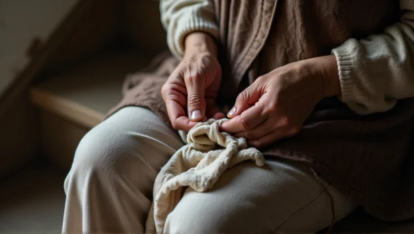 Elderly Woman Sewing on Wooden Stairs