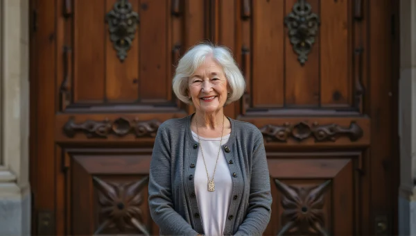 Elderly Woman Smiling Before Ornate Church Doors