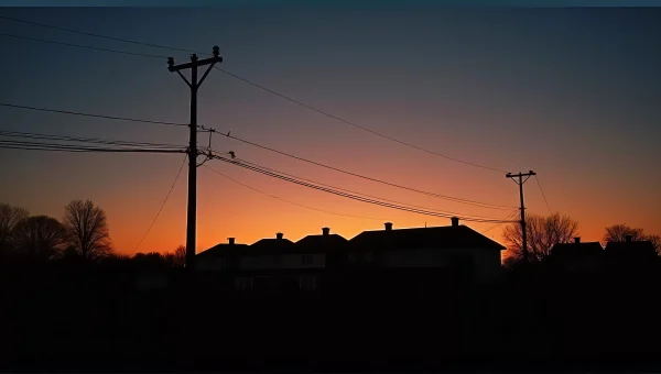 Electric Pole Silhouette Against Row Houses Dusk