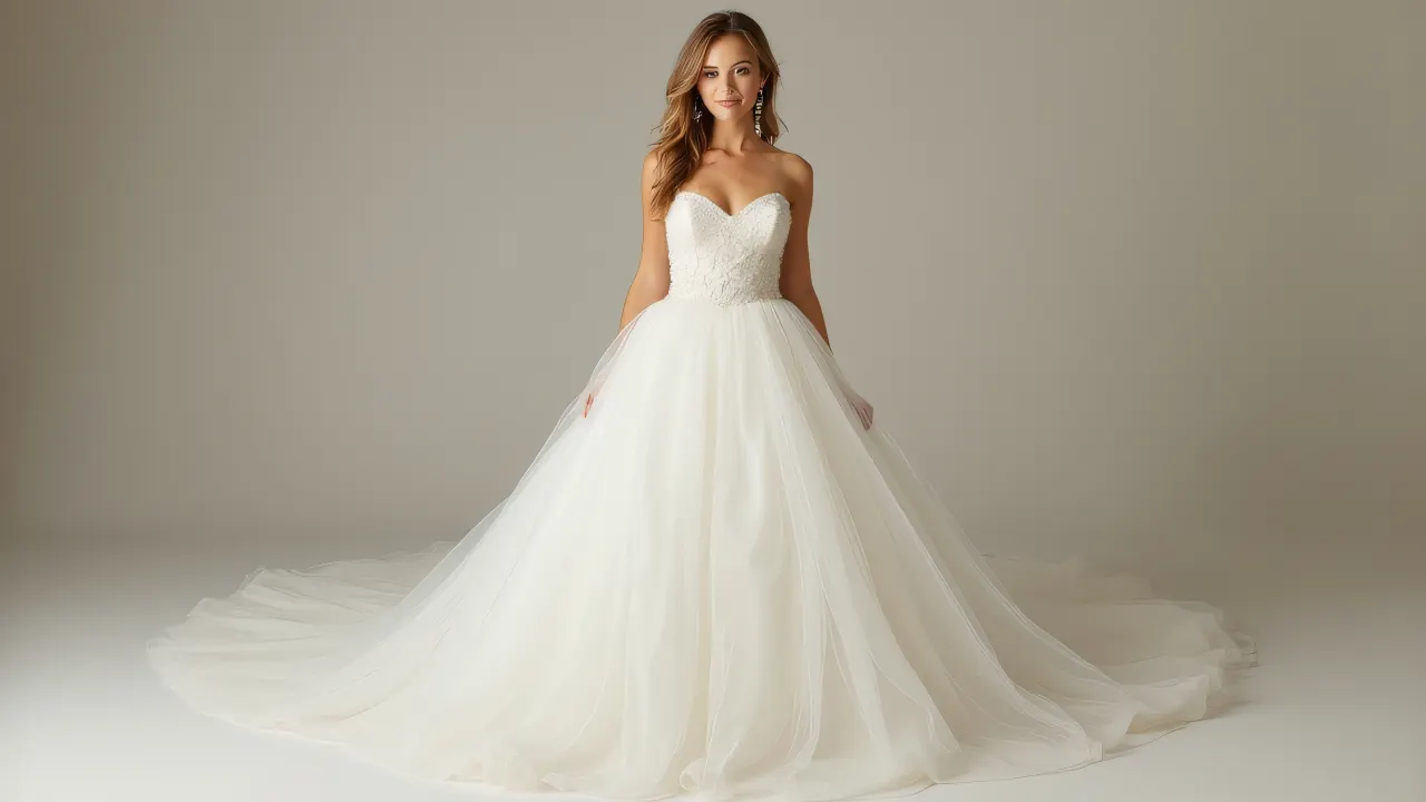 Full-length portrait of a woman in a wedding gown with a train on the floor.
