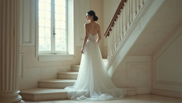 Elegant Bride in White Wedding Gown on Staircase