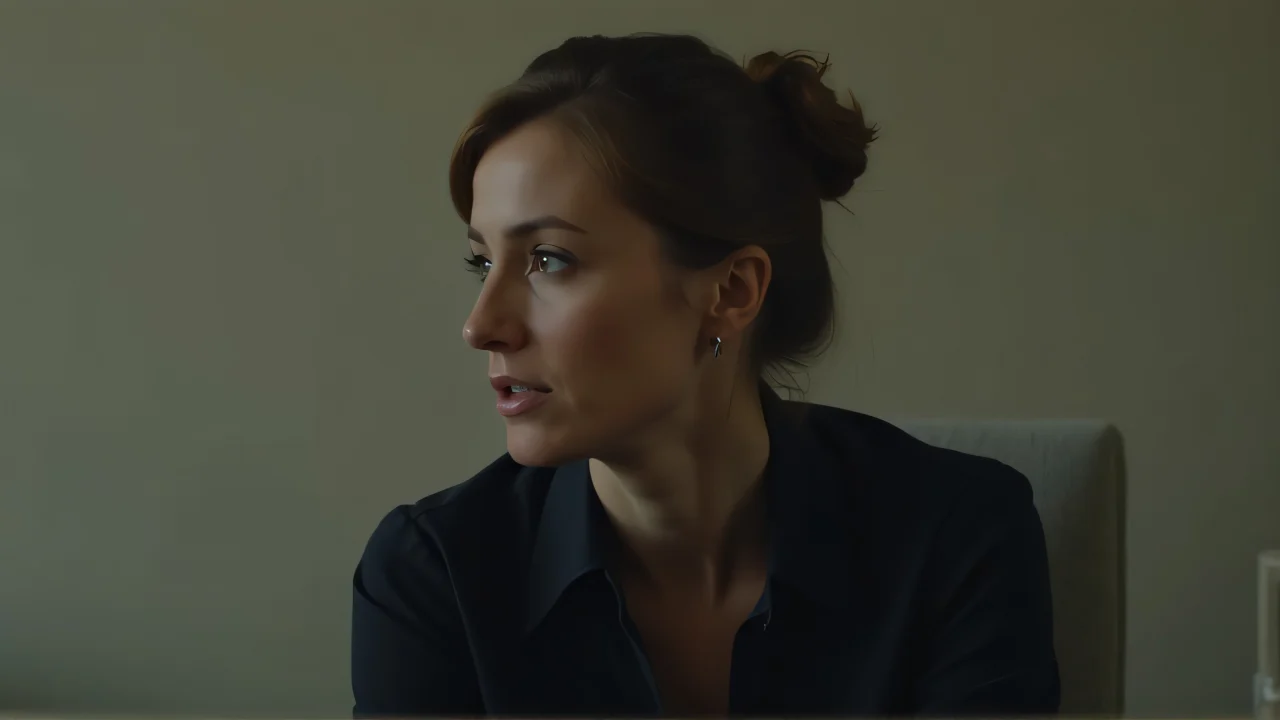 A seated figure in a dark blouse poses elegantly against a neutral background.