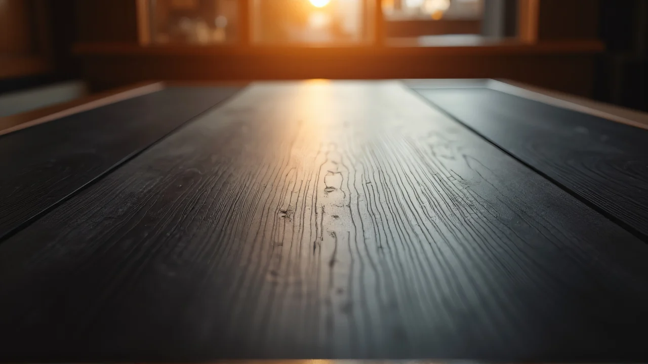 Close-up of a dark dining surface illuminated by warm overhead light.
