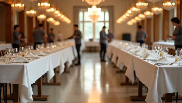 Elegant Event Hall With Draped Tables And Chandeliers