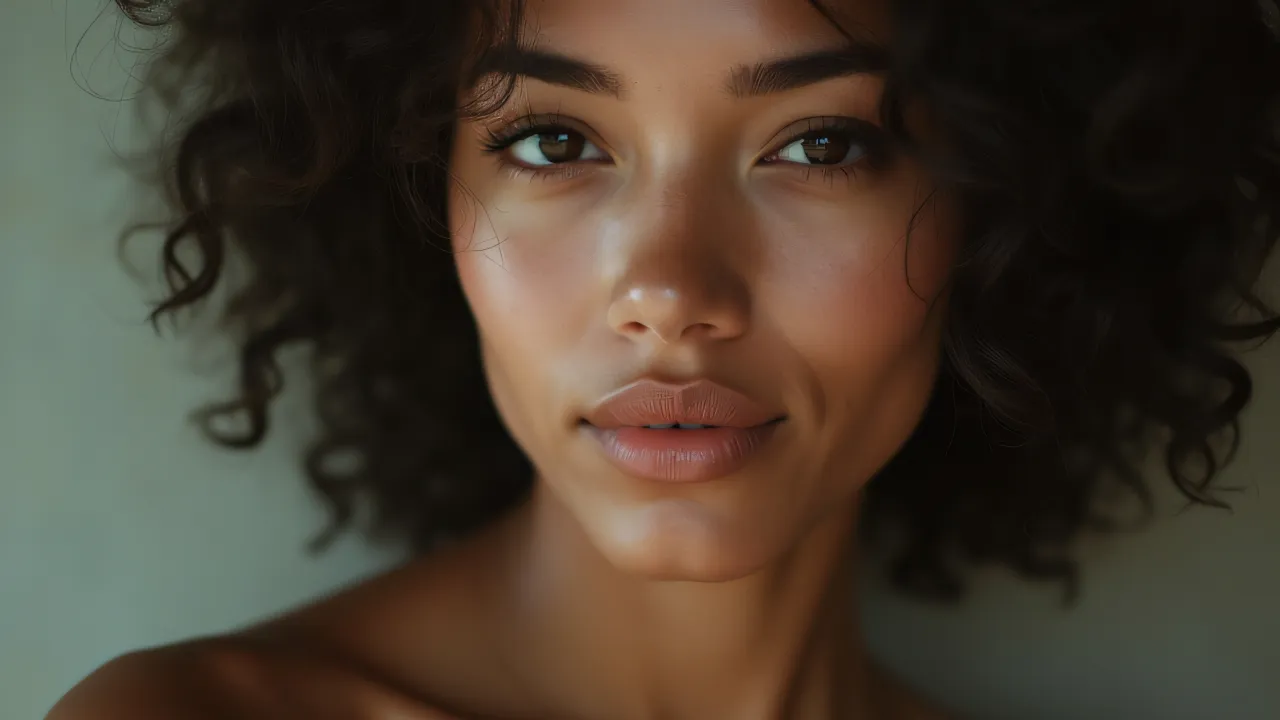 Close-up of a serene face showcasing soft skin and sharp eye highlights.