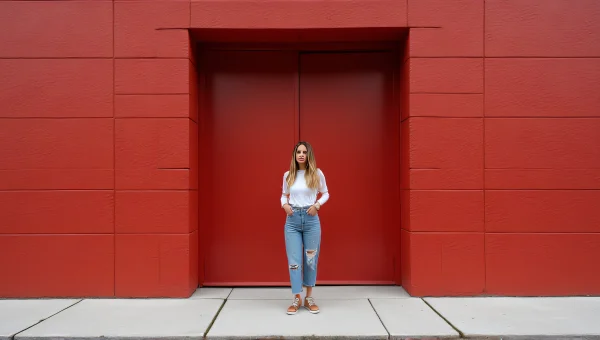 Elegant Figure Posing By Scarlet Brick Wall