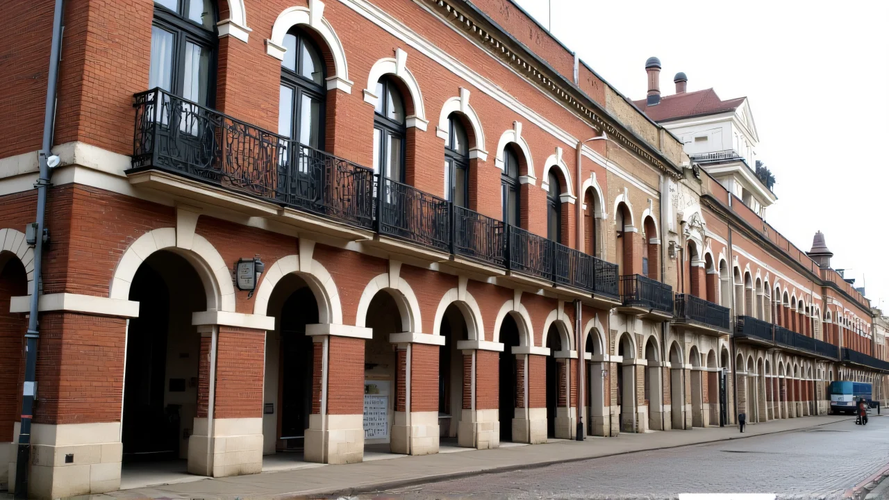 Street view of a brown and white building with arched windows and wrought-iron balconies.