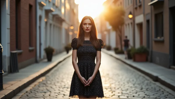 Elegant Woman in Black-and-White Dress on Cobblestone Street