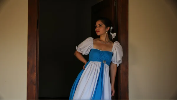 Elegant Woman in Gown by Wooden Doorway