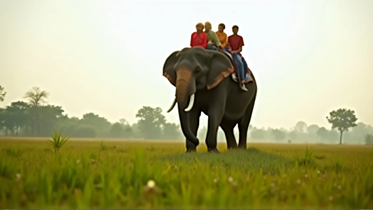 An elephant carries colorful-clothed tourists across a green field in soft morning light.