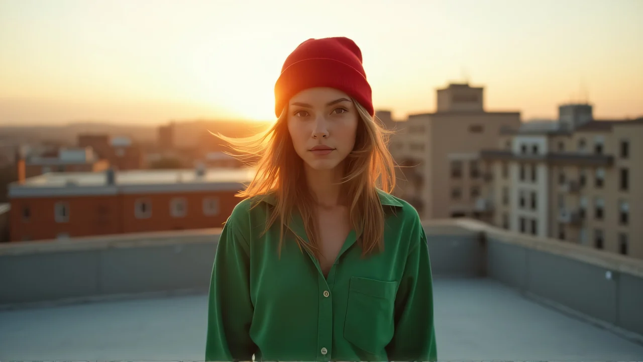 Individual in emerald top and scarlet cap on a rooftop during golden hour, wind blowing fabric.