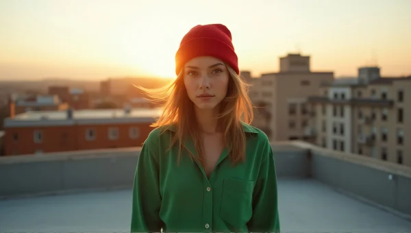 Emerald Button-Up With Scarlet Knit Cap On Rooftop