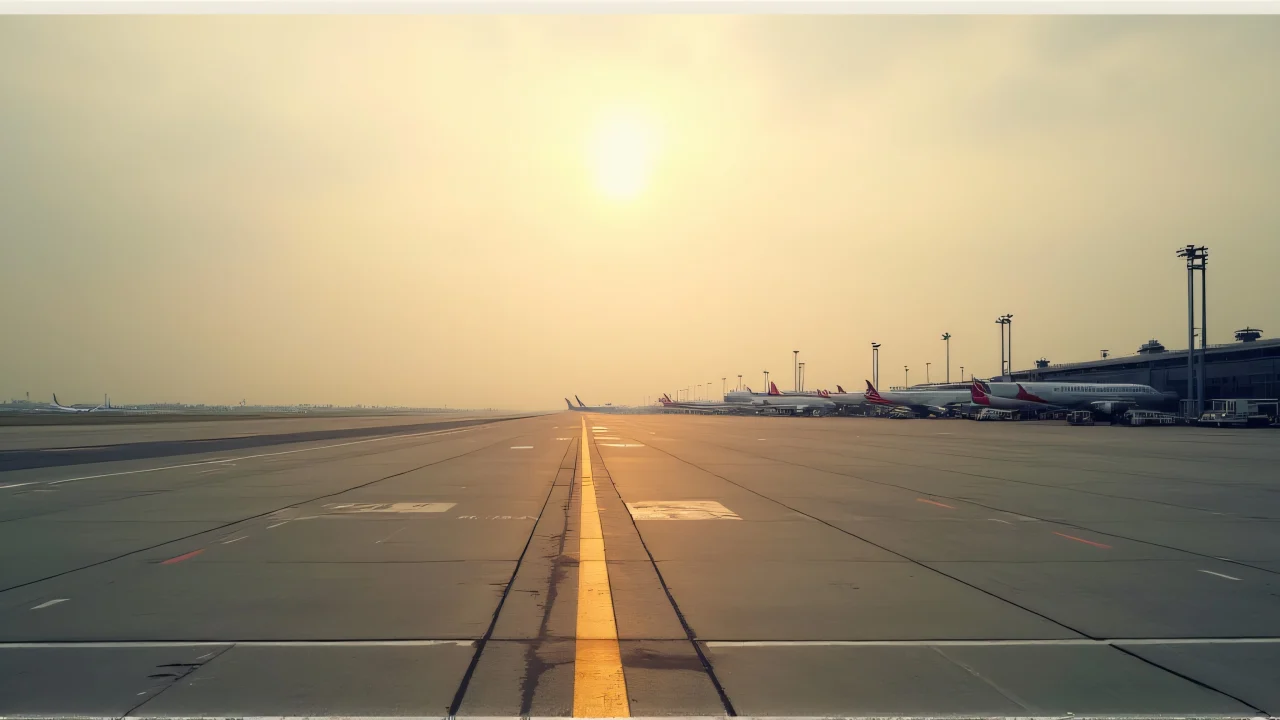 Wide view of an empty airport tarmac with distant jetliners at golden hour.