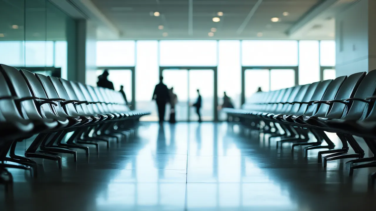 An empty airport terminal featuring rows of metal chairs and soft natural light.
