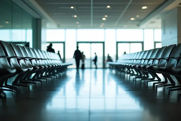 Empty Airport Terminal With Metal Chairs