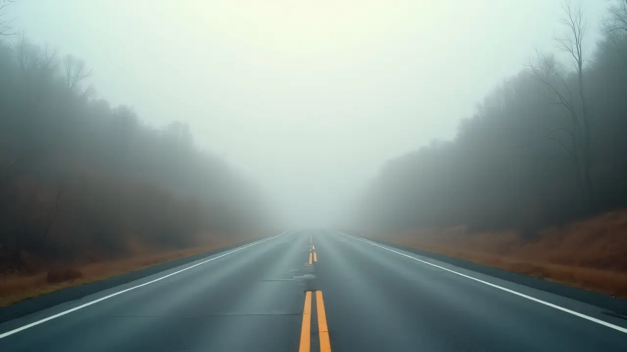 A low-angle view of an empty two-lane asphalt road disappearing into the fog.