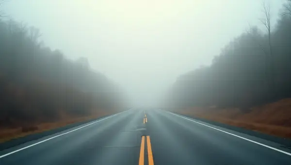 Empty Foggy Road Stretching into Distance