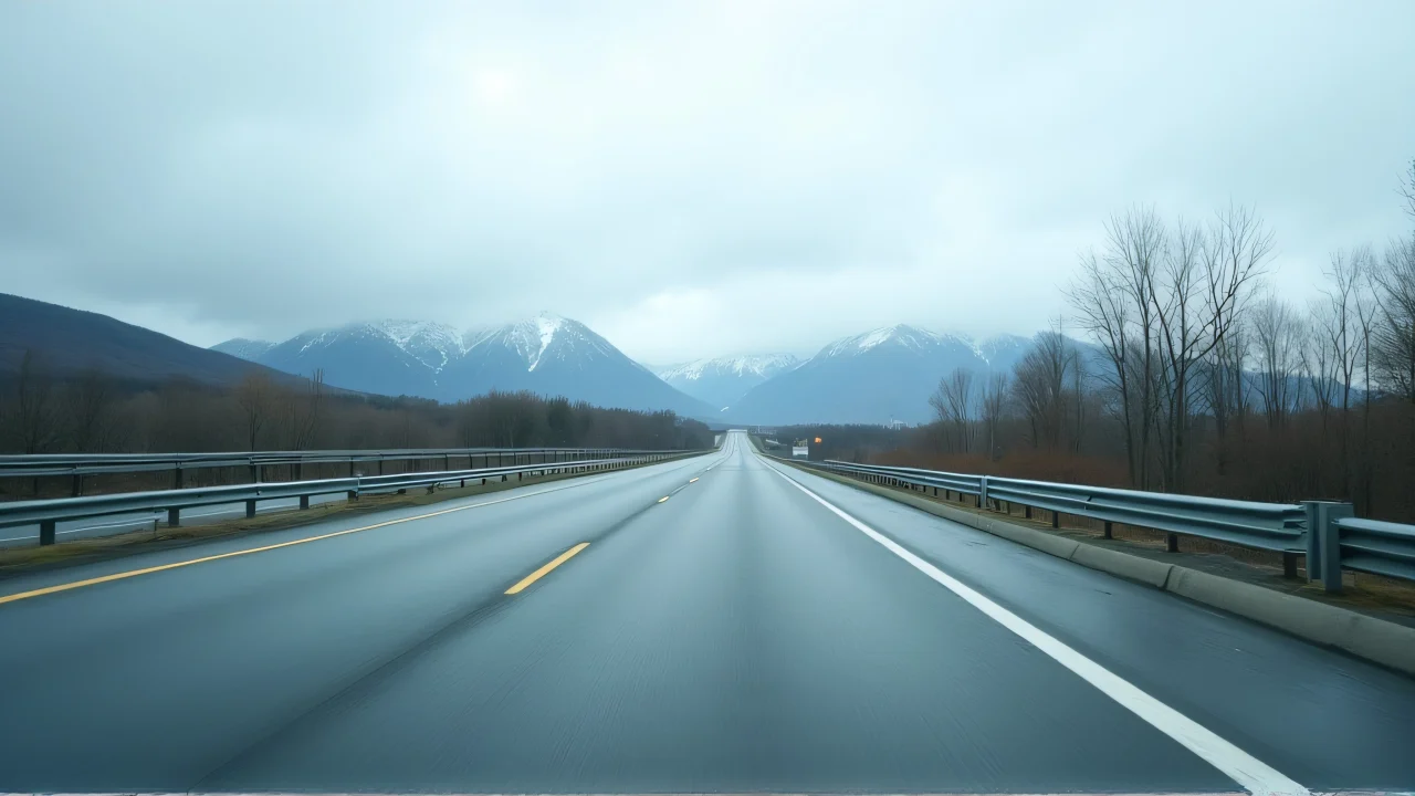 A low-angle view of an empty multilane highway with mountains in the background under an overcast sky.