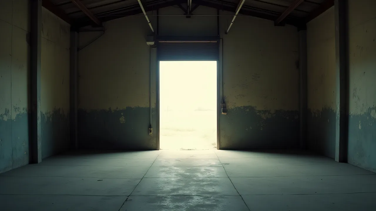 Interior view of an empty industrial space with a central open doorway and soft daylight.