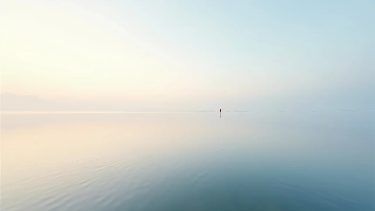 A wide-angle view of a serene seascape at dawn with calm waters and a solitary buoy.