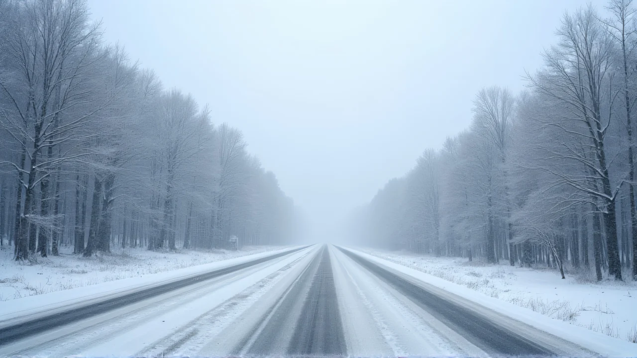 A long empty road surrounded by snow-covered trees under a gray sky.