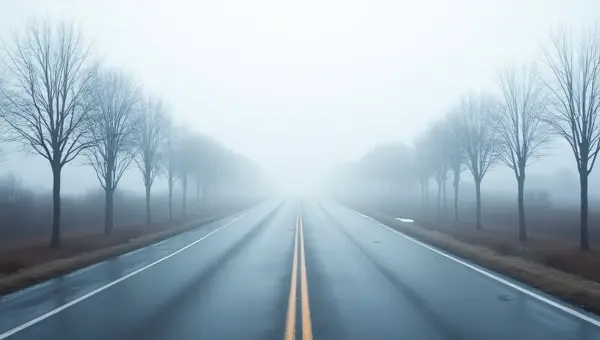 Empty Two-Lane Road In Foggy Landscape
