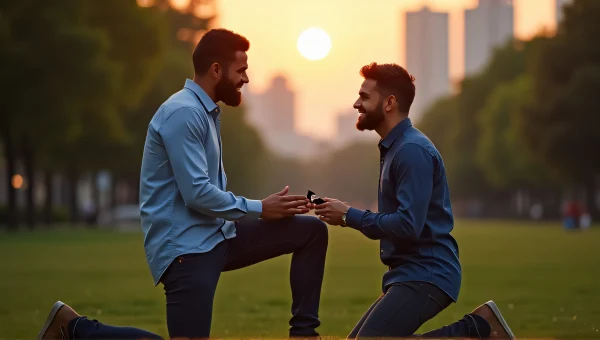 Engaged Couple in City Park at Dusk