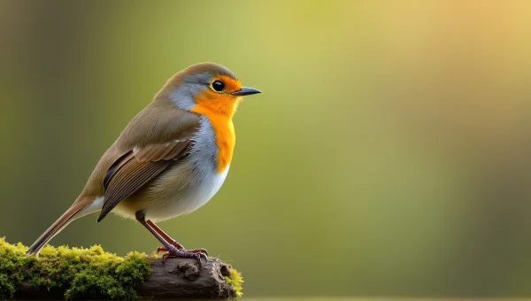 European Robin Perched On Mossy Twig