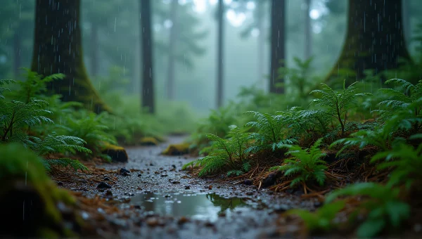 Evergreen Forest Rainfall Close-Up with Mist