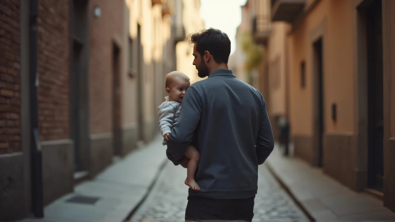 A father carries his baby through a narrow cobblestone alley in soft morning light.