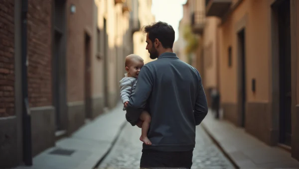 Father Carrying Baby Through Cobblestone Alley