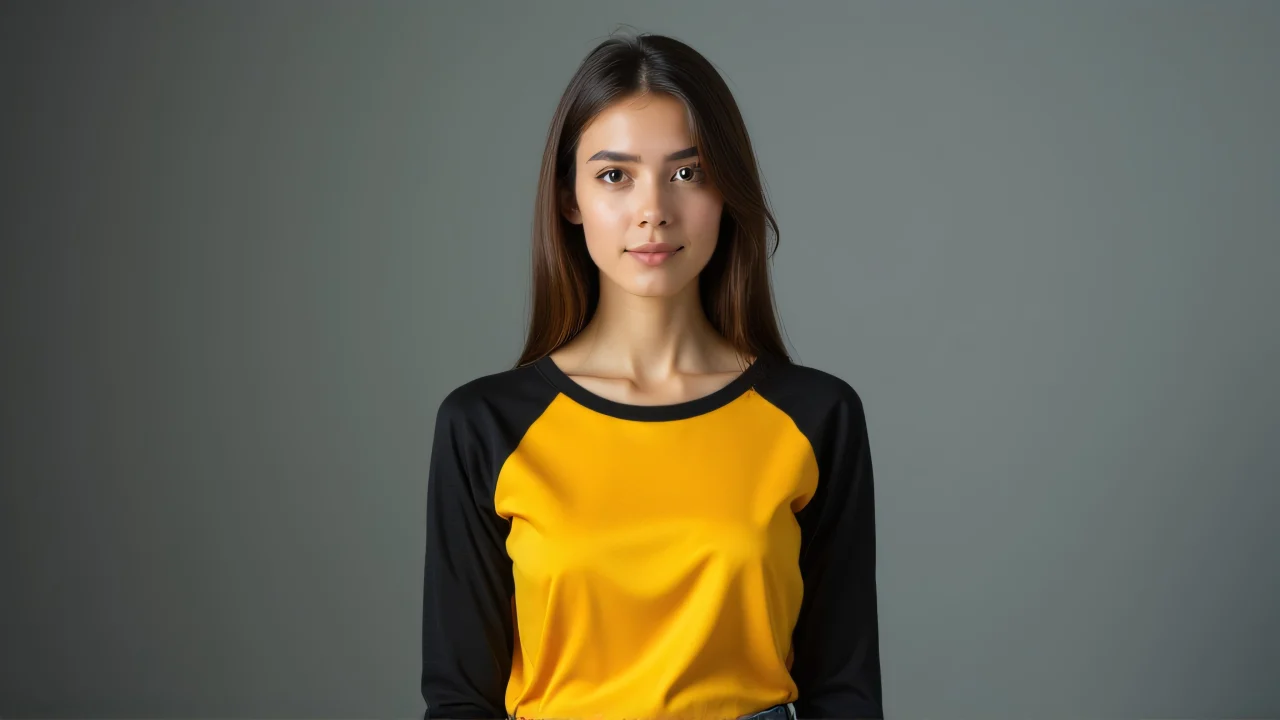 Portrait of a female model wearing a yellow and black shirt against a gray background.