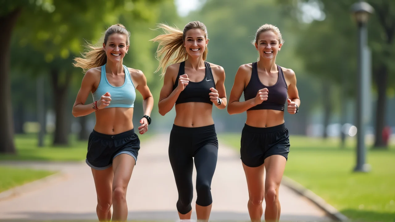 Three female runners smiling together on a park path.
