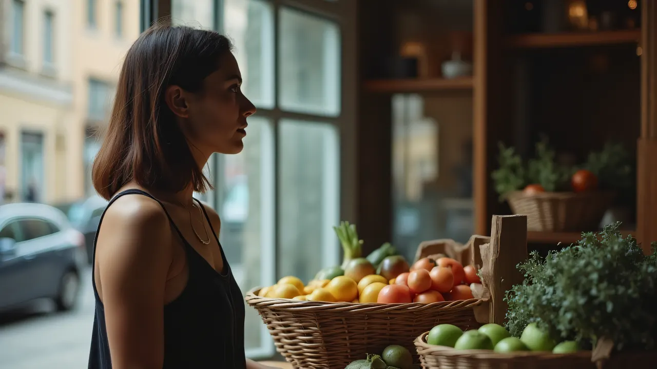 A female vendor stands by an open window with a basket of fresh produce at her stall.