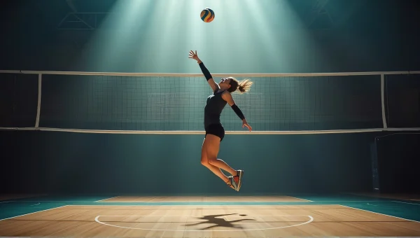 Female Volleyball Player Jumping to Spike Ball