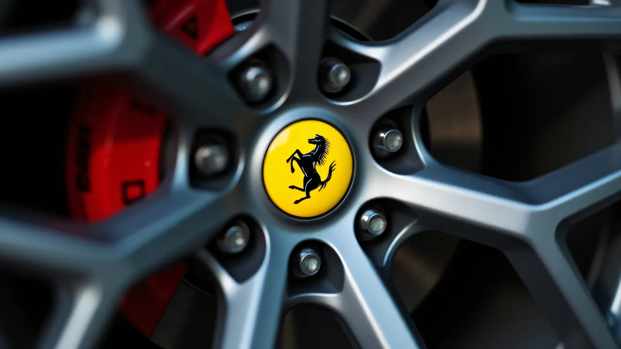 Close-up view of a Ferrari alloy rim showcasing intricate metal textures and details.