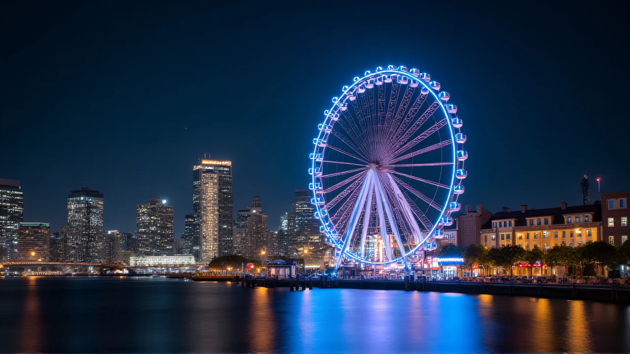Low angle shot of a Ferris wheel at night with light trails and a soft city skyline background.