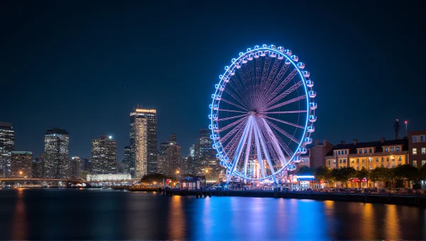 Ferris Wheel Night Lights With City Skyline