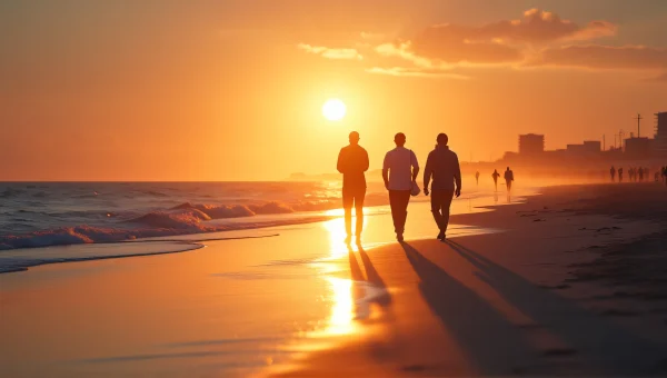 Figures Walking Shoreline at Dusk with Reflections