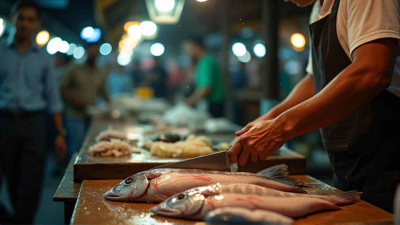 A fishmonger skillfully chops fish at a bustling market stall with lantern light illuminating the scene.