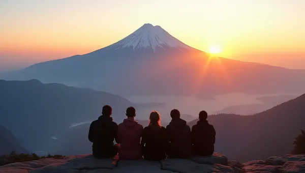 Five Friends Enjoy Sunrise at Snow-Capped Mountain