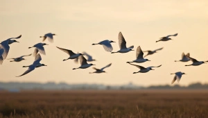 Flock of Birds Flying Over Coastal Marsh at Dusk