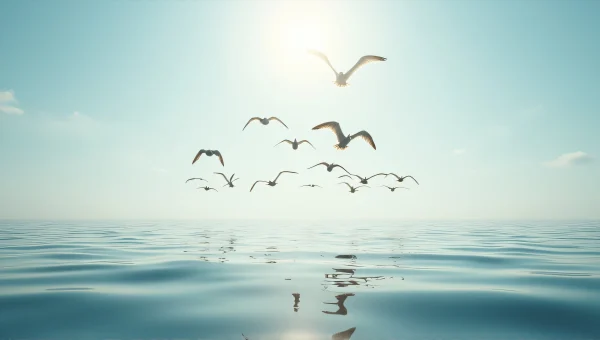 Flock of Birds Over Tranquil Water Reflection