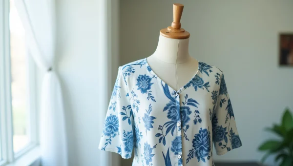 Floral Blue and White Dress on Wooden Form