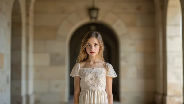 Floral Frock Fashion Under Archway With Soft Light