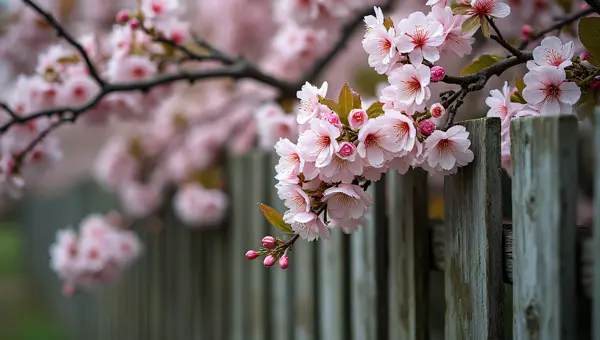 Flowering Tree Beside Weathered Wooden Fence